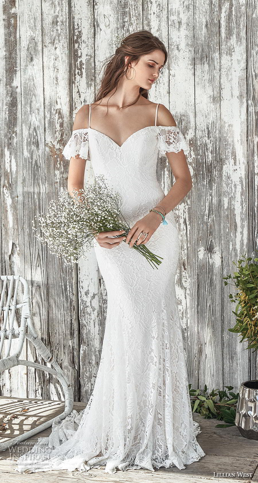 lillian west spring 2019 bridal short sleeves thin strap cold shoulder sweetheart neckline full embellishment elegant fit and flare wedding dress cross strap medium train (14) mv