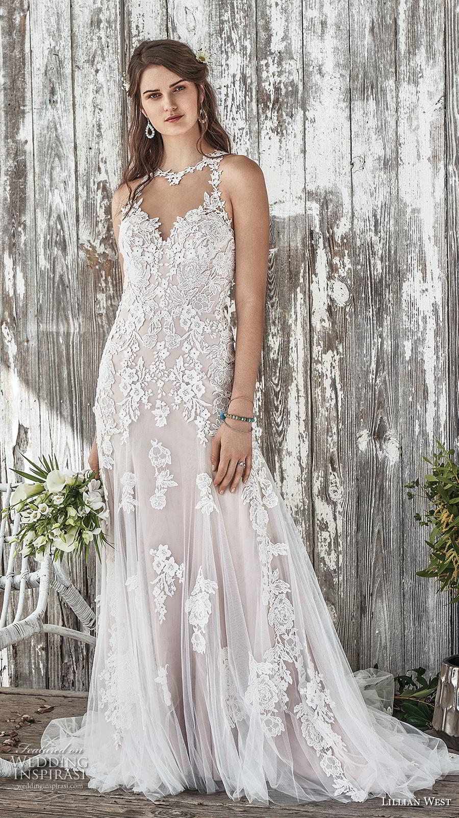 lillian west spring 2019 bridal sleeveless illusion halter sweetheart neckline full embellishment elegant blush modified a  line wedding dress backless chapel train (5) mv