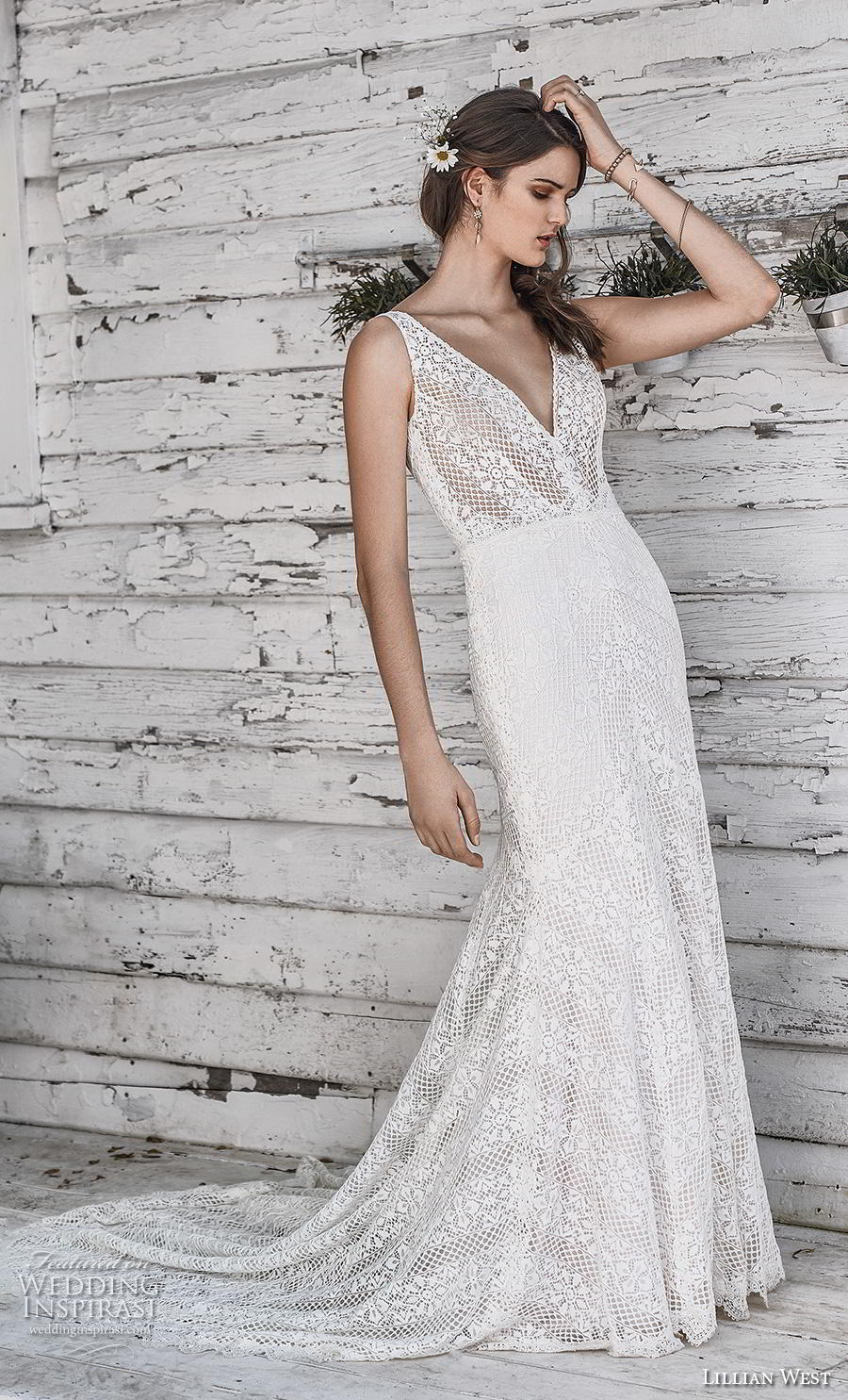 lillian west spring 2019 bridal sleeveless v neck full embellishment elegant fit and flare sheath wedding dress backless v back chapel train (18) mv