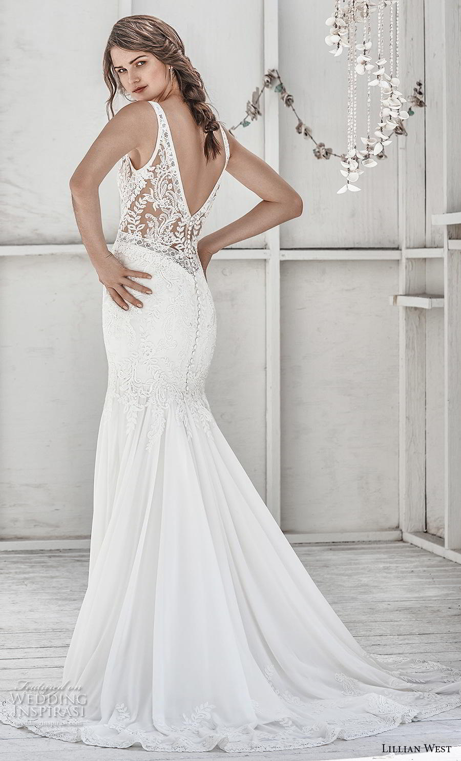 lillian west spring 2019 bridal sleeveless with strap v neck heavily embellished bodice elegant trumpet wedding dress backless v back medium train (3) bv