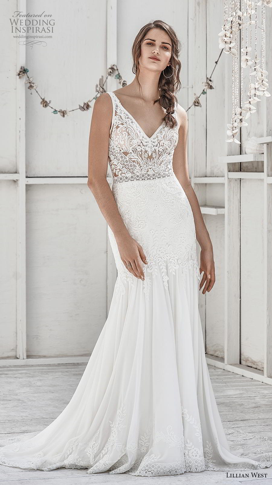 lillian west spring 2019 bridal sleeveless with strap v neck heavily embellished bodice elegant trumpet wedding dress backless v back medium train (3) mv