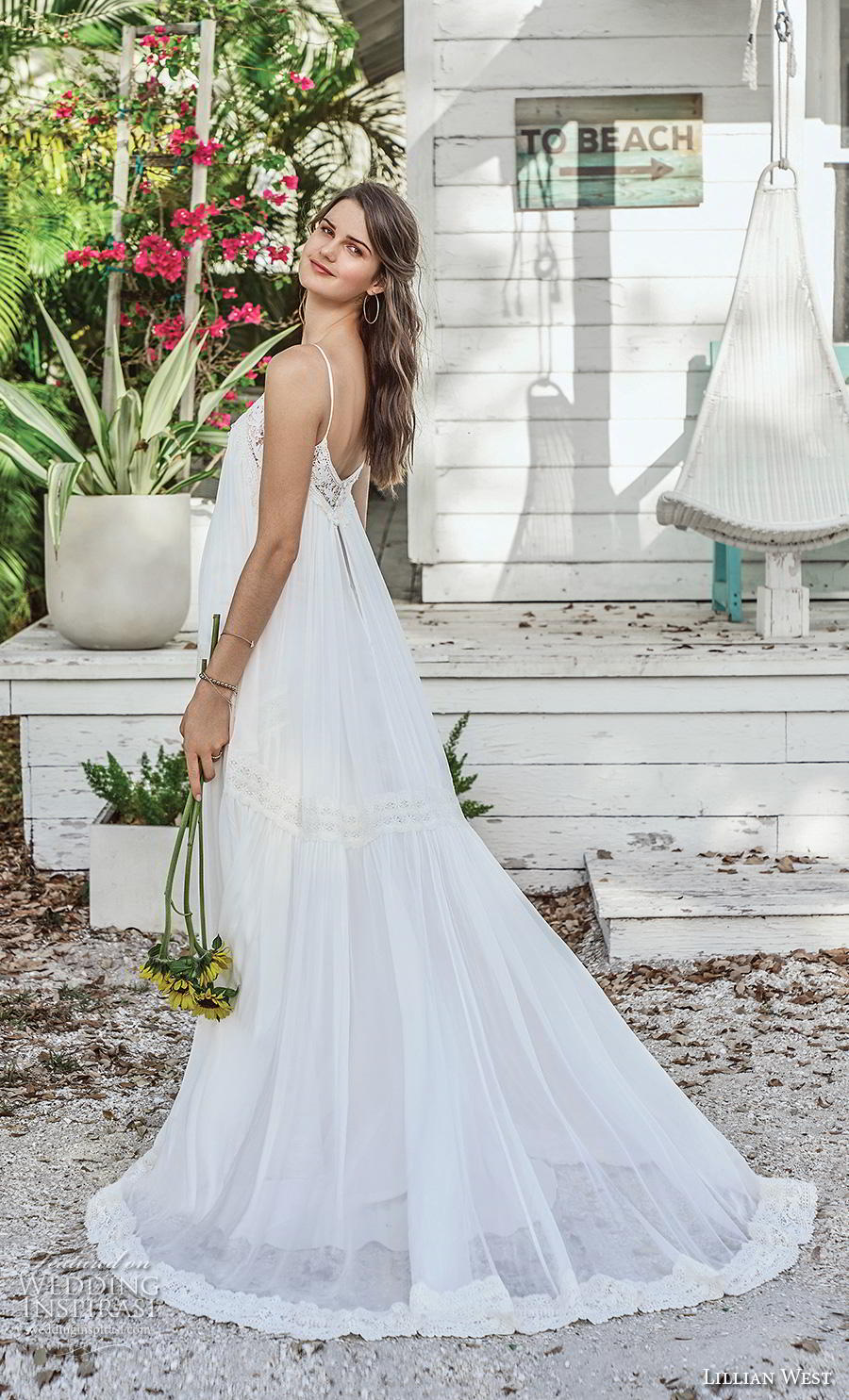 lillian west spring 2019 bridal spaghetti strap diamond neck simple bohemian trapeze tent wedding dress open v back chapel train (13) bv