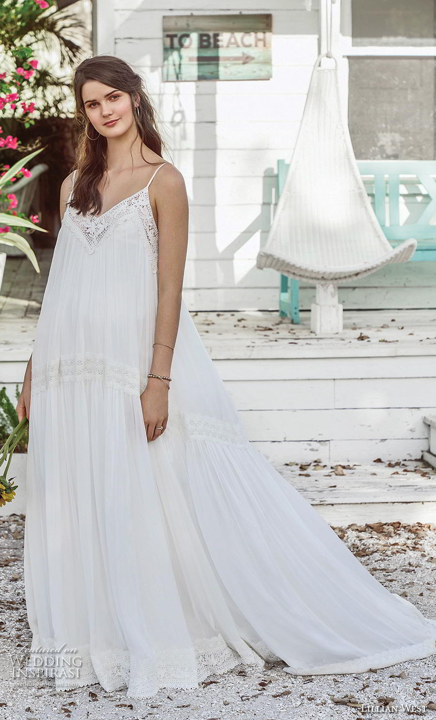 lillian west spring 2019 bridal spaghetti strap diamond neck simple bohemian trapeze tent wedding dress open v back chapel train (13) mv