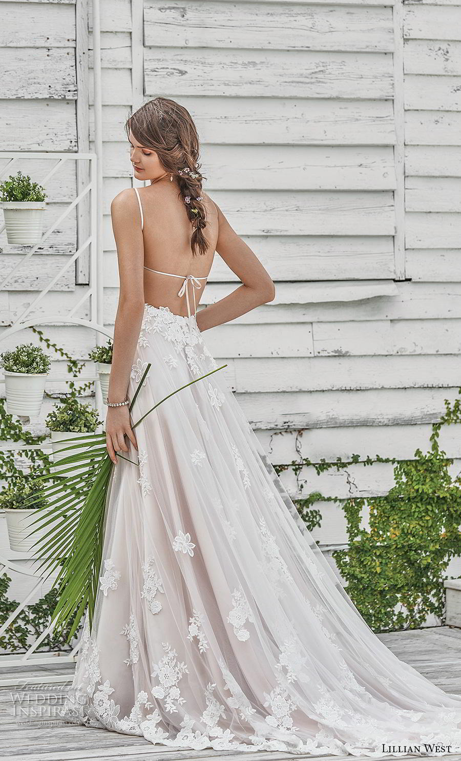 lillian west spring 2019 bridal spaghetti strap sweetheart neckline heavily embellished bodice hem romantic a  line wedding dress backless strap back chapel train (1) bv