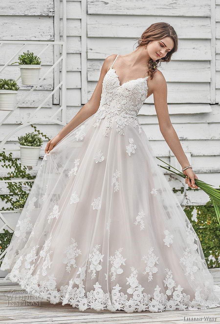 lillian west spring 2019 bridal spaghetti strap sweetheart neckline heavily embellished bodice hem romantic a  line wedding dress backless strap back chapel train (1) mv