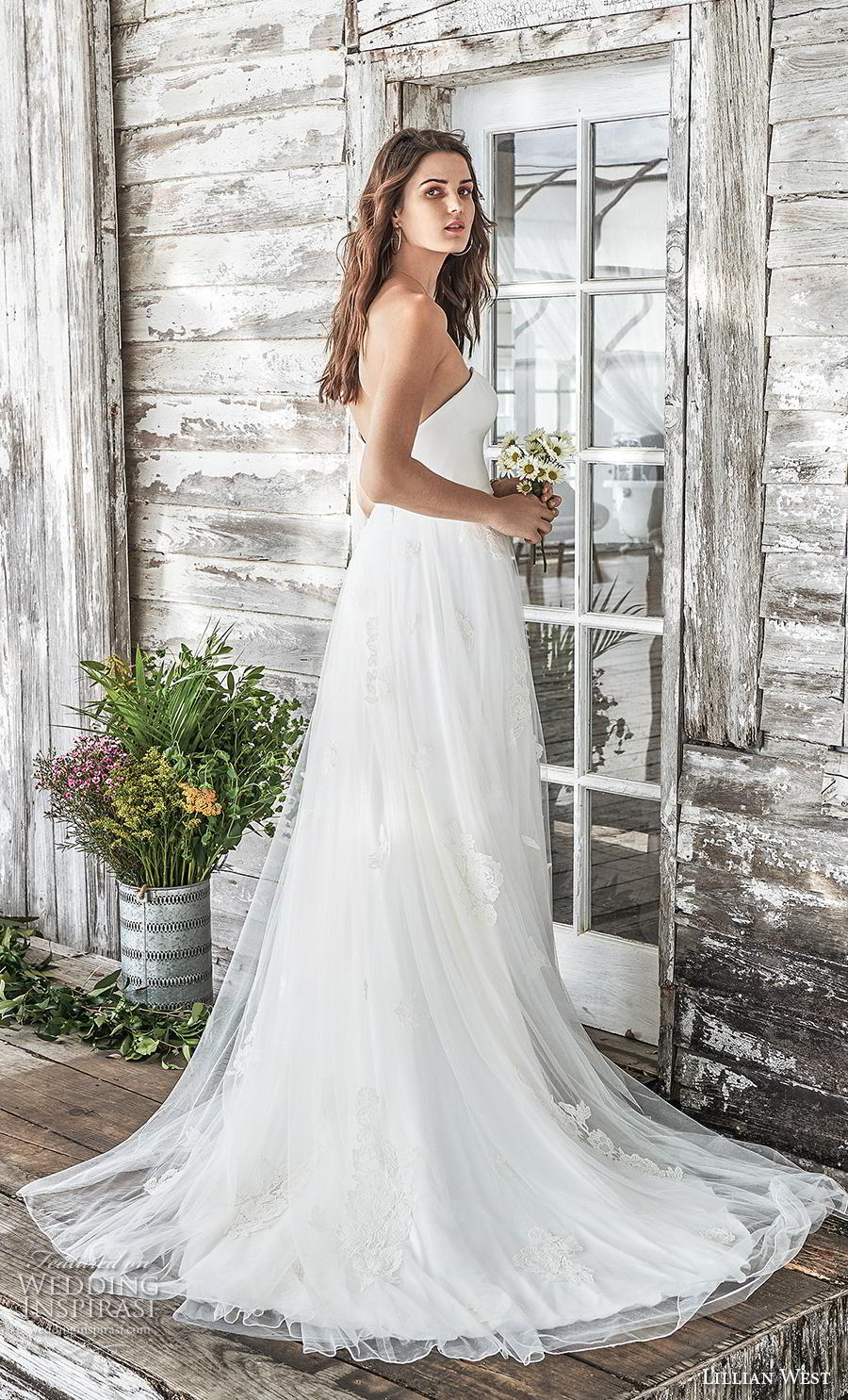 lillian west spring 2019 bridal strapless sweetheart neckline tulle skirt simple classic romantic a  line wedding dress mid back chapel train (9) bv