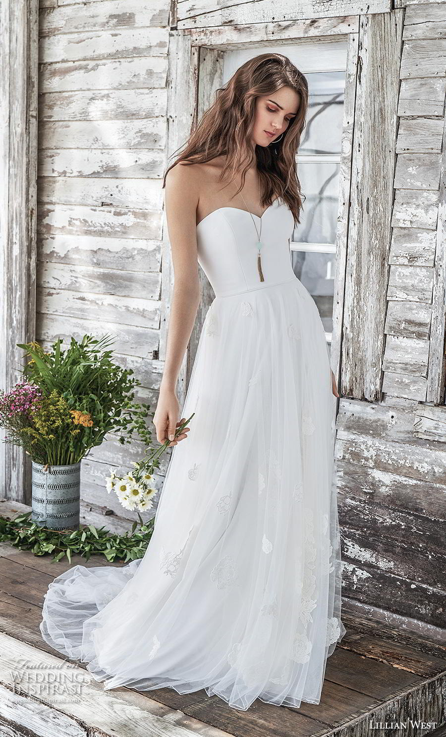 lillian west spring 2019 bridal strapless sweetheart neckline tulle skirt simple classic romantic a  line wedding dress mid back chapel train (9) mv