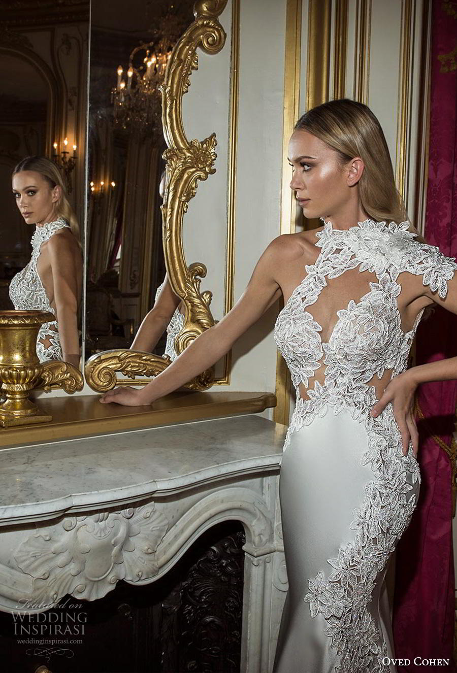 oved cohen 2018 bridal asymmetrical high neck keyhole sweetheart neck heavily embellished bodice glamorous elegant fit and flare wedding dress medium train (8) zv