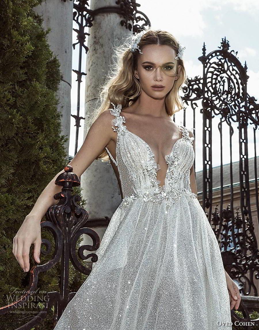 oved cohen 2018 bridal sleeveless deep plunging v neck full embellishment glitzy glamorous sexy a  line wedding dress backless (3) zv
