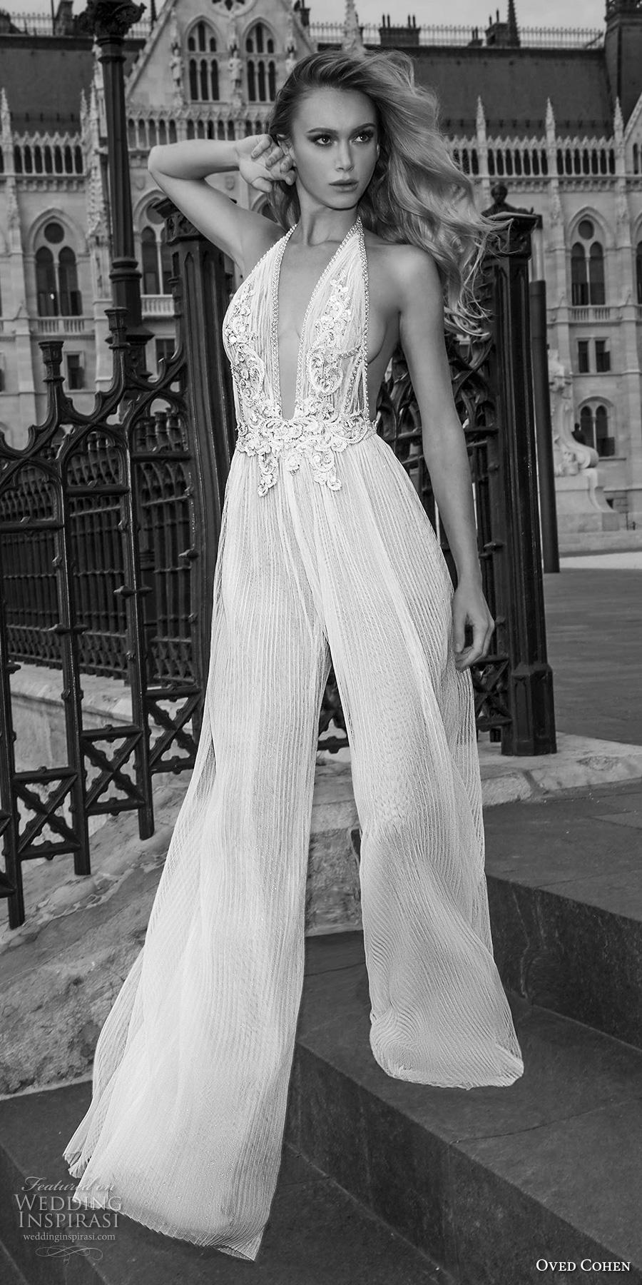 oved cohen 2018 bridal sleeveless deep plunging v neck heavily embellished bodice sexy modern jumpsuit wedding dress (12) lv