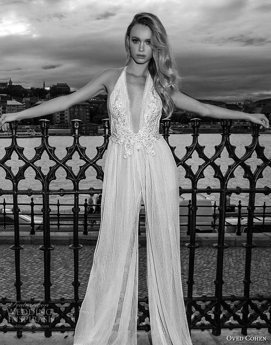 oved cohen 2018 bridal sleeveless deep plunging v neck heavily embellished bodice sexy modern jumpsuit wedding dress (12) mv