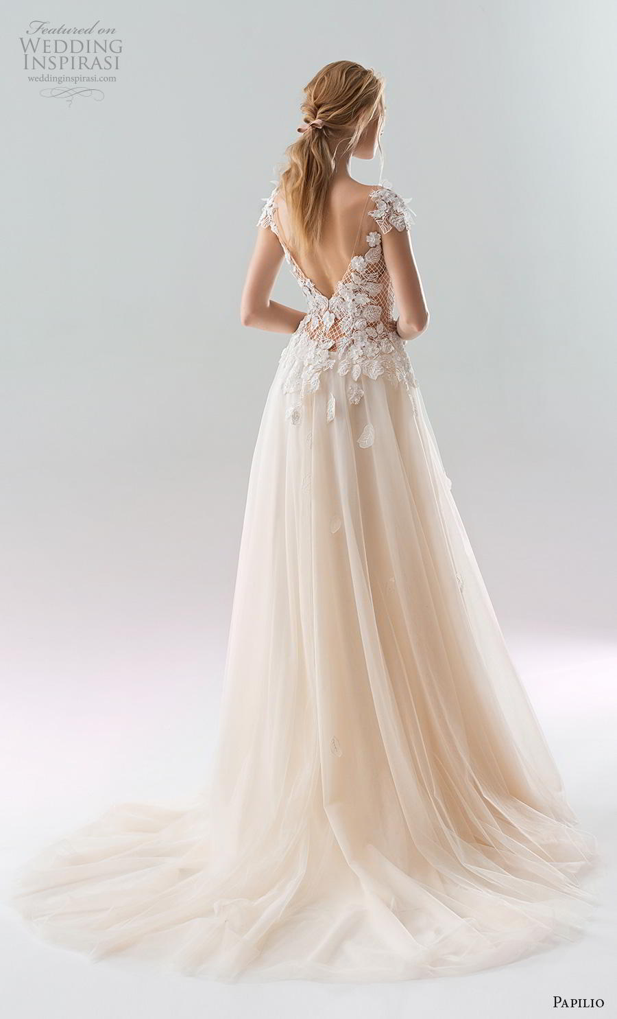 papilio 2019 bridal cap sleeves illusion bateau scoop neckline heavily embellished bodice peach colored soft a  line wedding dress backless v back chapel train (2) bv