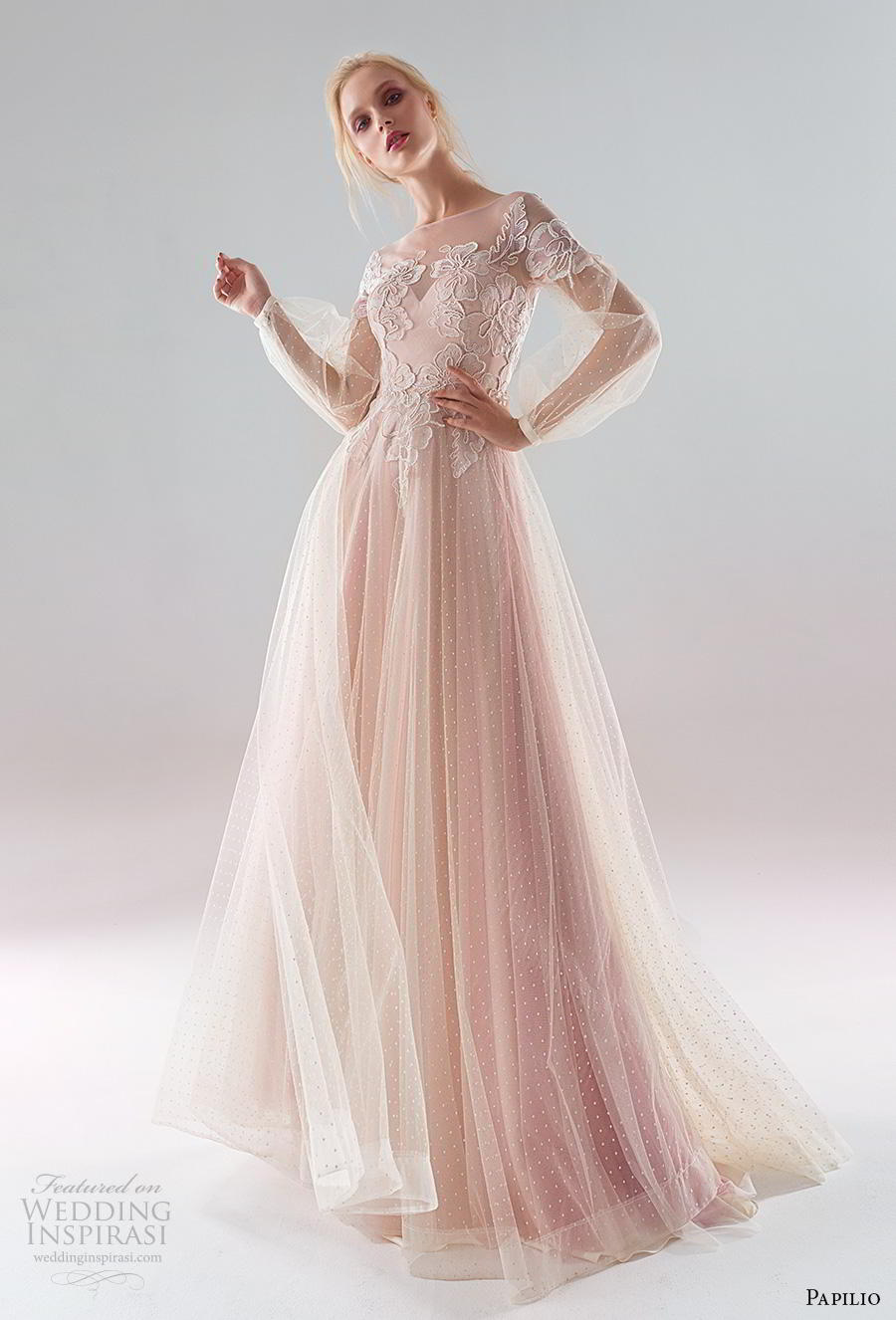 papilio 2019 bridal long bishop sleeves illusion bateau sweetheart neckline heavily embellished bodice romantic pink a  line wedding dress sheer button back chapel train (7) mv