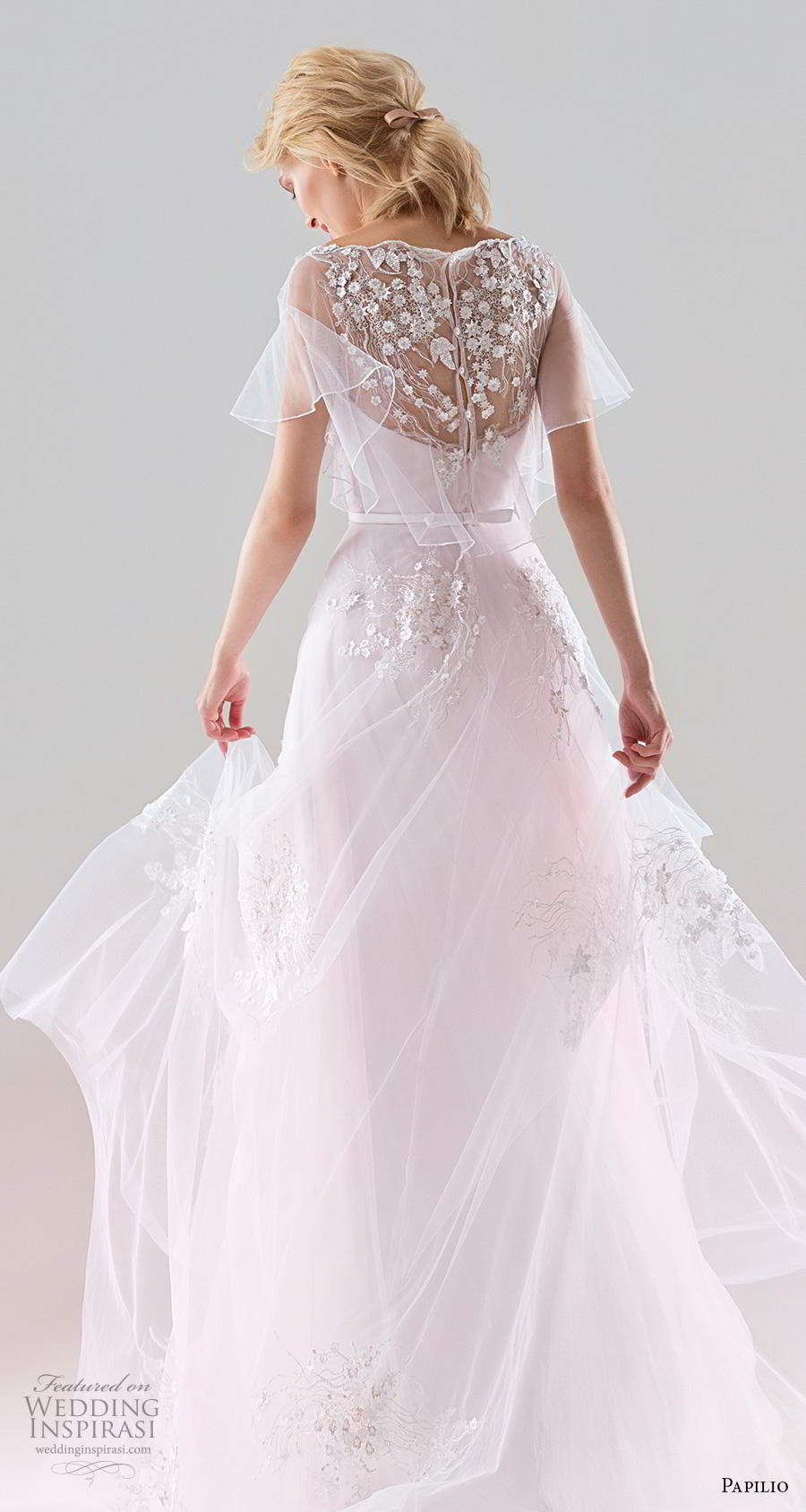 papilio 2019 bridal short butterfly sleeves illusion bateau sweetheart neckline heavily embellished bodice romantic pink soft a  line wedding dress sheer lace back chapel train (1) bv