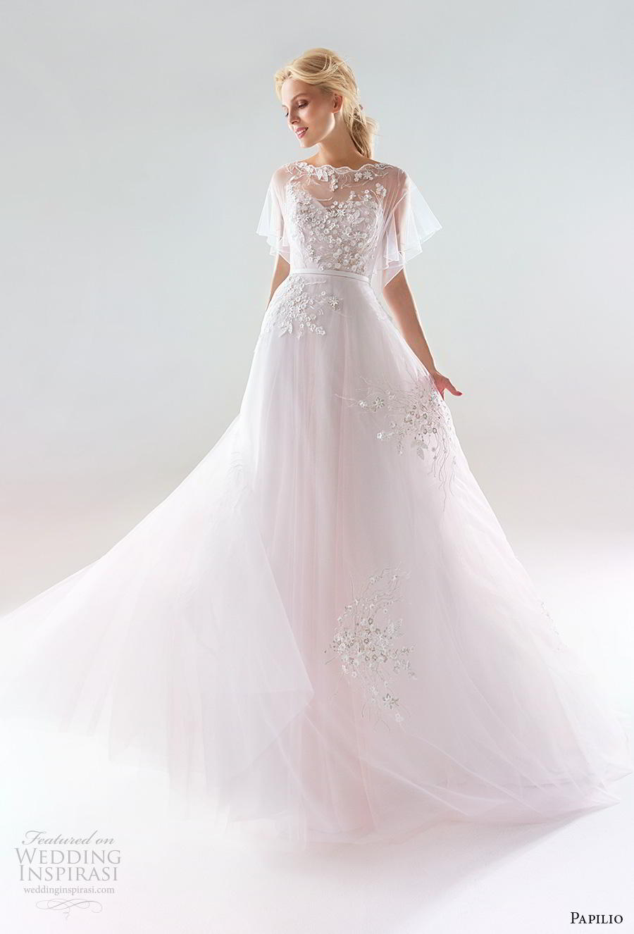 papilio 2019 bridal short butterfly sleeves illusion bateau sweetheart neckline heavily embellished bodice romantic pink soft a  line wedding dress sheer lace back chapel train (1) mv