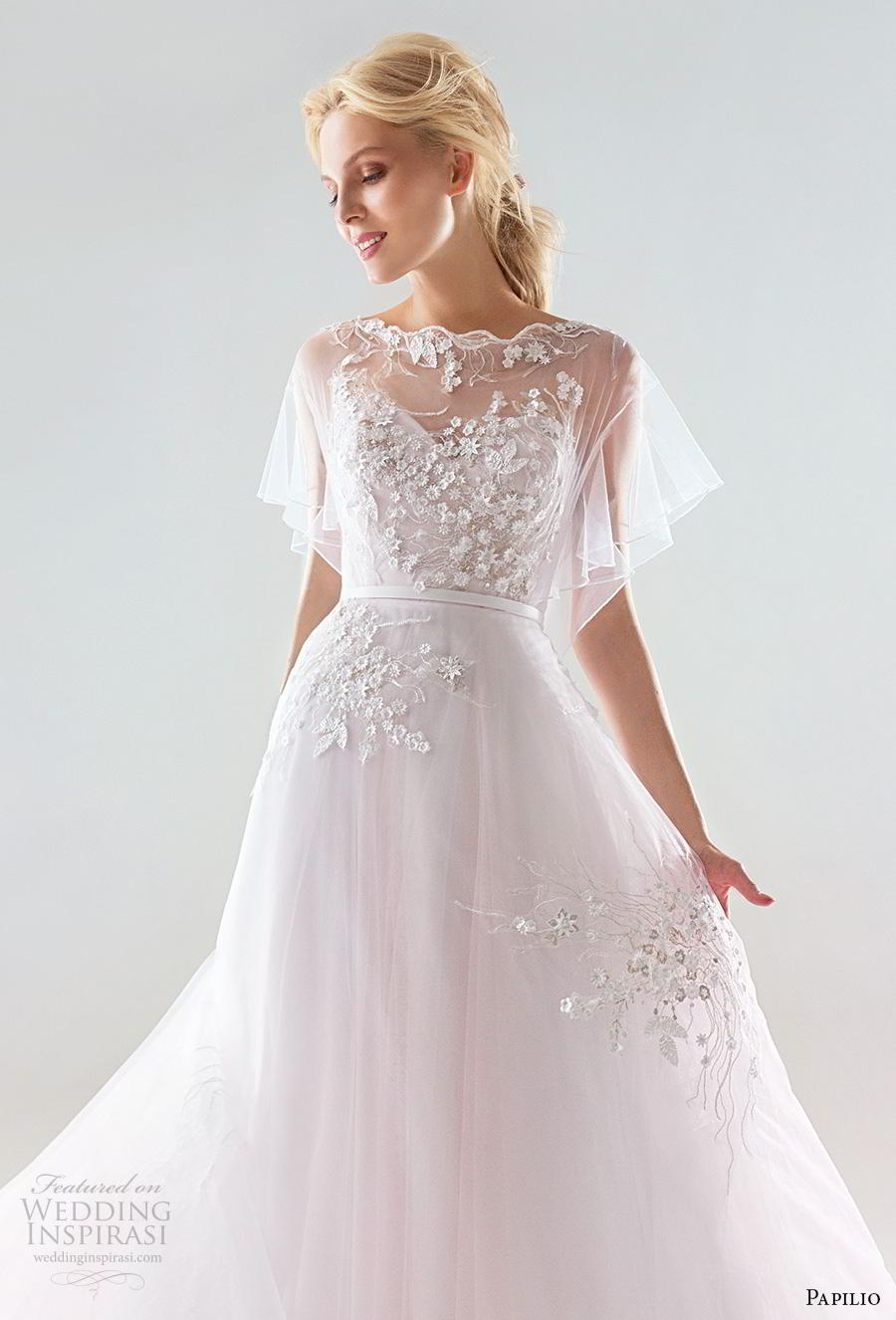 papilio 2019 bridal short butterfly sleeves illusion bateau sweetheart neckline heavily embellished bodice romantic pink soft a  line wedding dress sheer lace back chapel train (1) zv