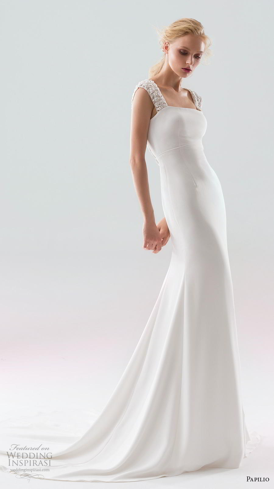 papilio 2019 bridal sleeveless thick strap straight across neckline simple clean minimalist elegant fit and flare sheath wedding dress open square back chapel train (10) mv