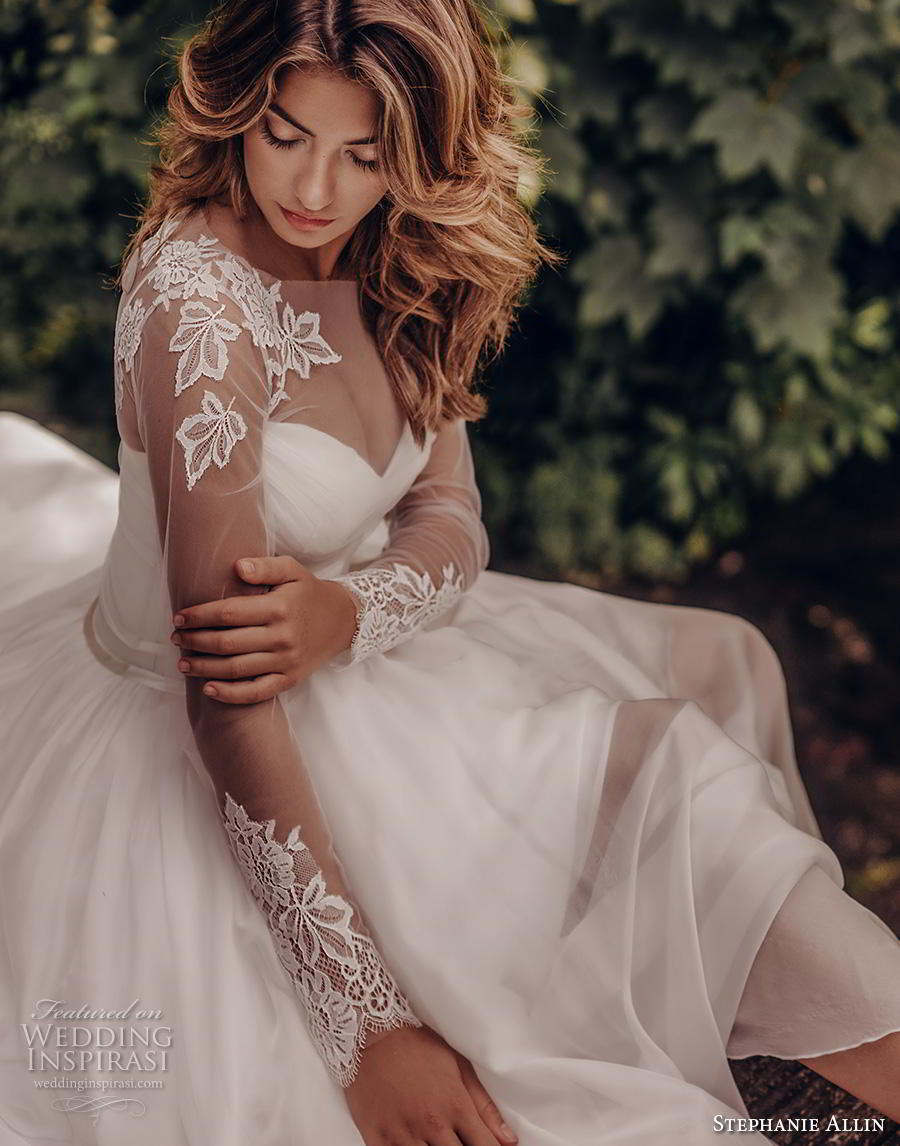 stephanie allin 2019 bridal long sleeves illusion bateau sweetheart neckline ruched bodice romantic soft a line wedding dress mid back sweep train (5) zv stephanie allin 2019 bridal long sleeves illusion bateau sweetheart neckline ruched bodice romantic soft a line wedding dress mid back sweep train (5) zv