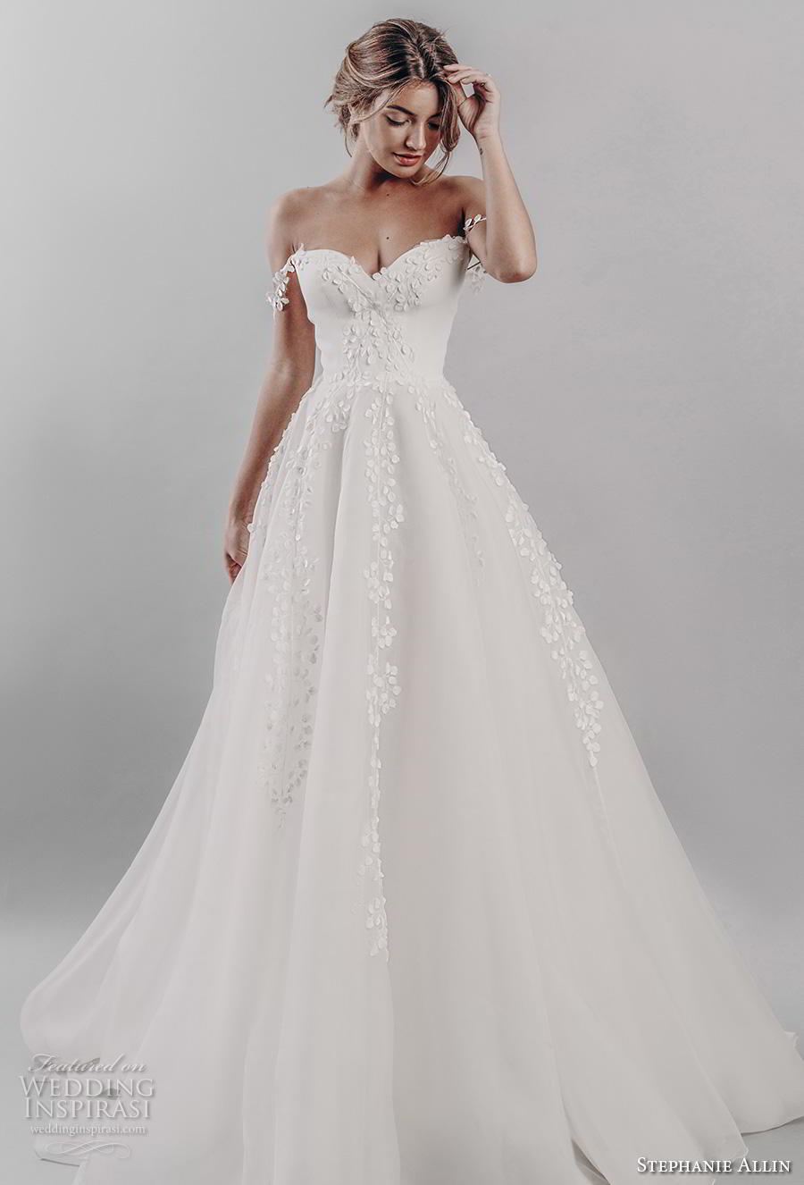 stephanie allin 2019 bridal off the shoulder sweetheart neckline heavily embellished bodice romantic a  line wedding dress mid back chapel train (10) mv 