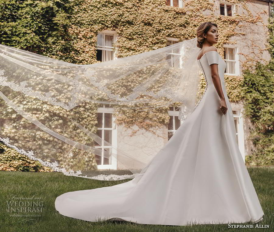 stephanie allin 2019 bridal short sleeves off the shoulder straight across neckline simple clean minimalist classic a line wedding dress covered back chapel train (3) sdv stephanie allin 2019 bridal short sleeves off the shoulder straight across neckline simple clean minimalist classic a line wedding dress covered back chapel train (3) sdv