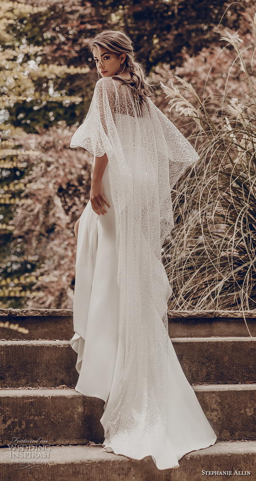 stephanie allin 2019 bridal sleeveless spaghetti strap sweetheart neckline simple minimalist elegant fit and flare wedding dress with cape chapel train (9) bv