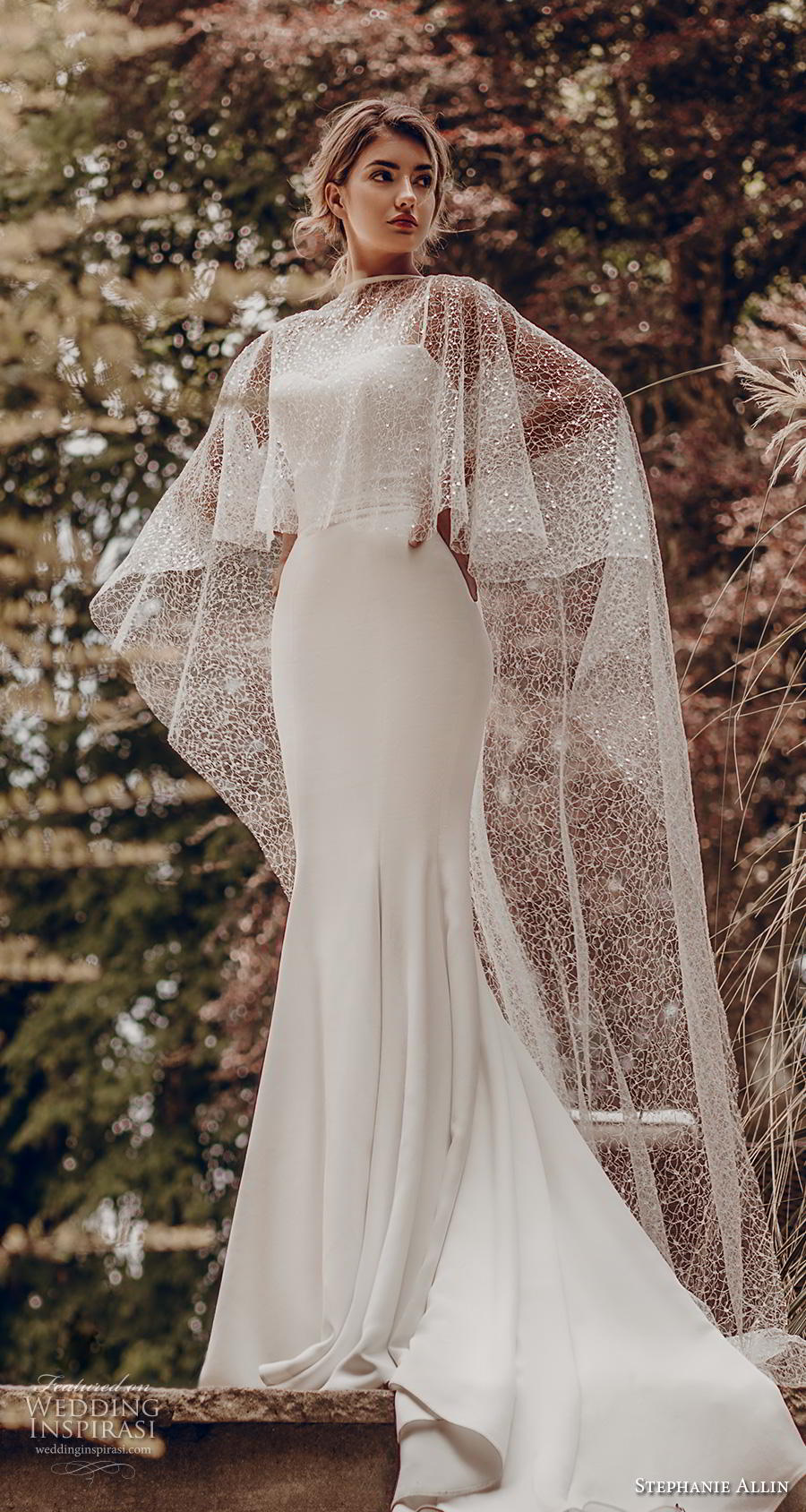 stephanie allin 2019 bridal sleeveless spaghetti strap sweetheart neckline simple minimalist elegant fit and flare wedding dress with cape chapel train (9) mv
