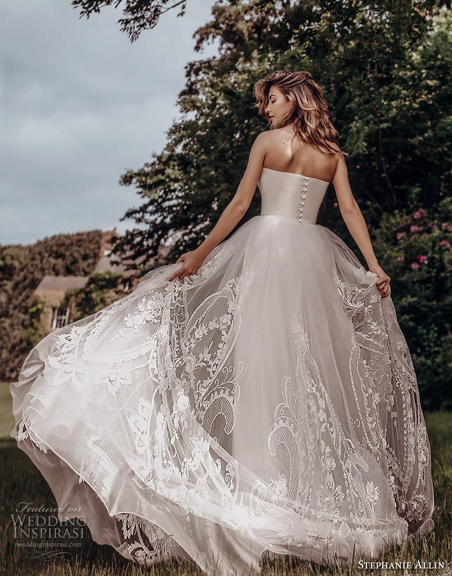 stephanie allin 2019 bridal strapless straight across neckline simple bodice heavily embellished skirt romantic soft a  line wedding dress short train (8) bv 