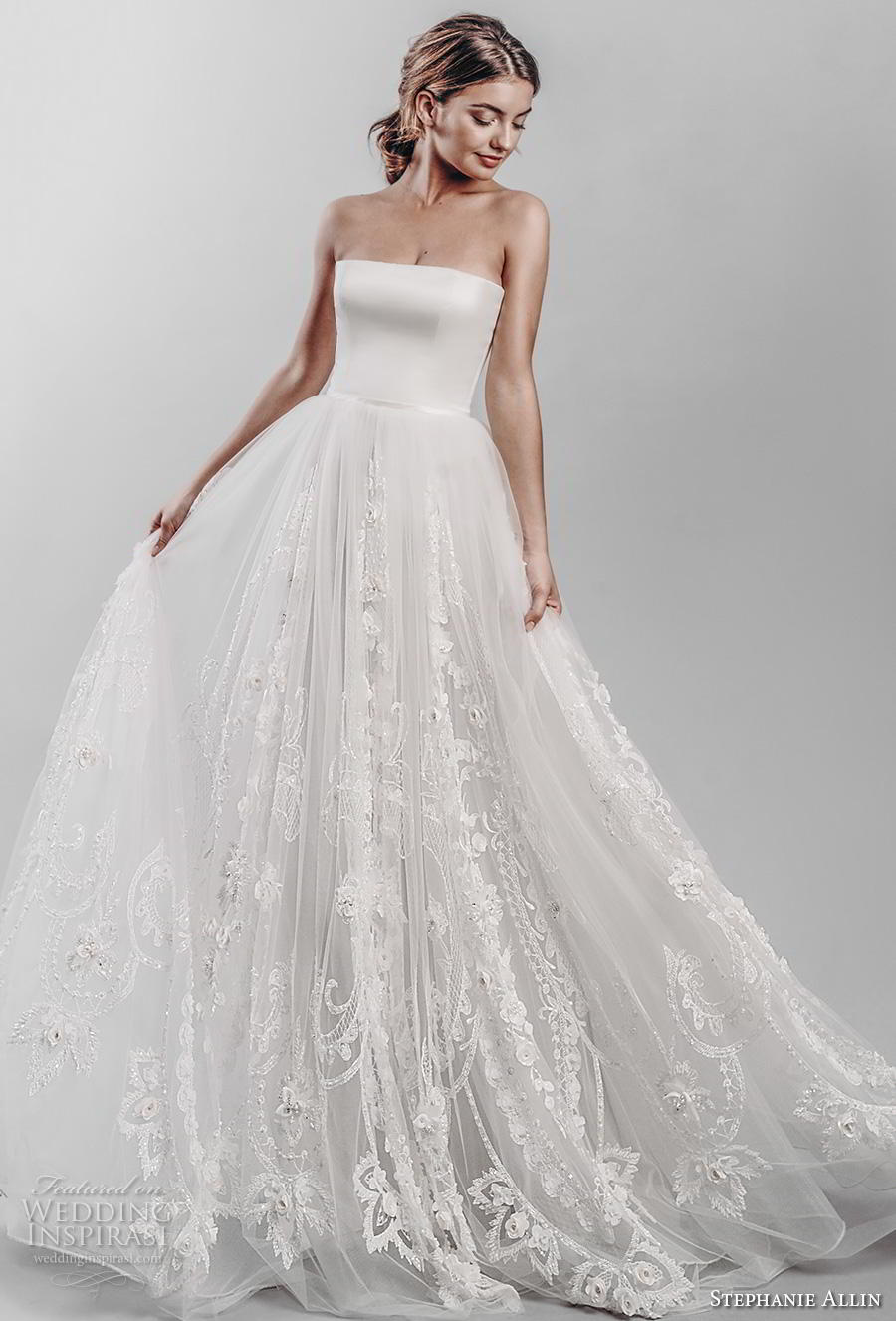 stephanie allin 2019 bridal strapless straight across neckline simple bodice heavily embellished skirt romantic soft a line wedding dress short train (8) mv stephanie allin 2019 bridal strapless straight across neckline simple bodice heavily embellished skirt romantic soft a line wedding dress short train (8) mv