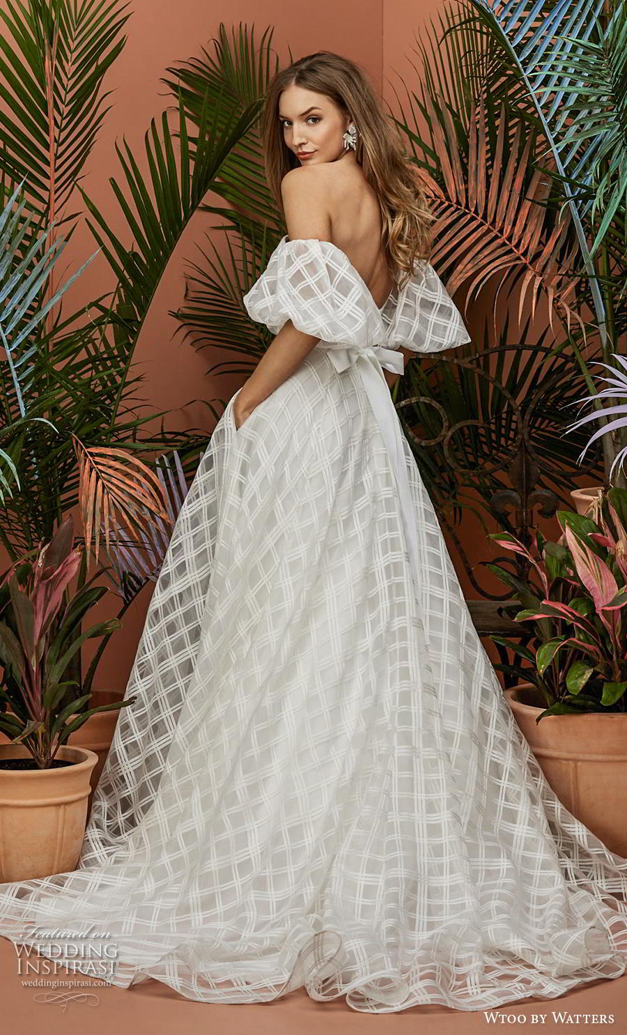 wtoo by watters fall 2018 bridal half balloon sleeves off the shoulder straight aross neckline full embsllishment checkered romantic a  line wedding dress pockets backless chapel train (8) bv