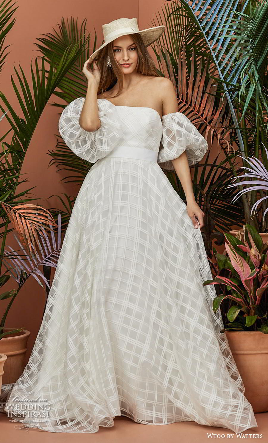 wtoo by watters fall 2018 bridal half balloon sleeves off the shoulder straight aross neckline full embsllishment checkered romantic a  line wedding dress pockets backless chapel train (8) mv