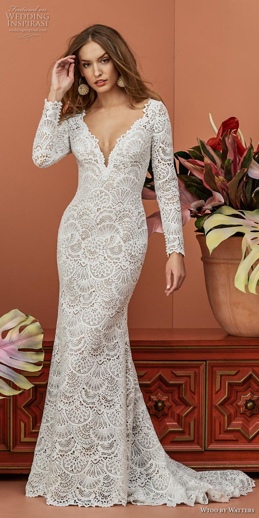 wtoo by watters fall 2018 bridal long sleeves deep v neck full embellishment elegant fit and flare wedding dress covered lace back sweep train (9) lv