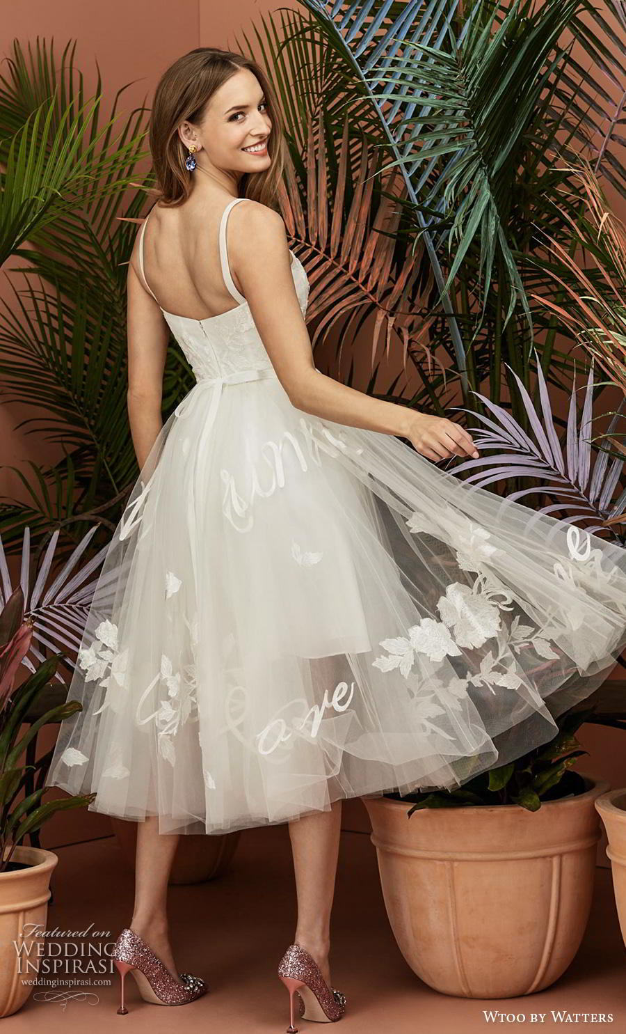 wtoo by watters fall 2018 bridal sleeveless with strap square neckline light embellishment tulle skirt romantic below the knee short wedding dress (7) bv wtoo by watters fall 2018 bridal sleeveless with strap square neckline light embellishment tulle skirt romantic below the knee short wedding dress (7) bv
