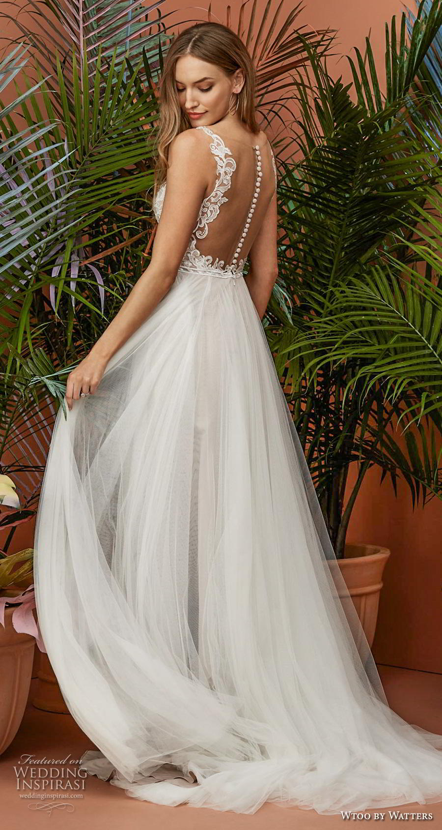 wtoo by watters fall 2018 bridal sleeveless with strap v neck heavily embellished bodice tulle skirt romantic soft a  line wedding dress sheer button back short train (5) bv