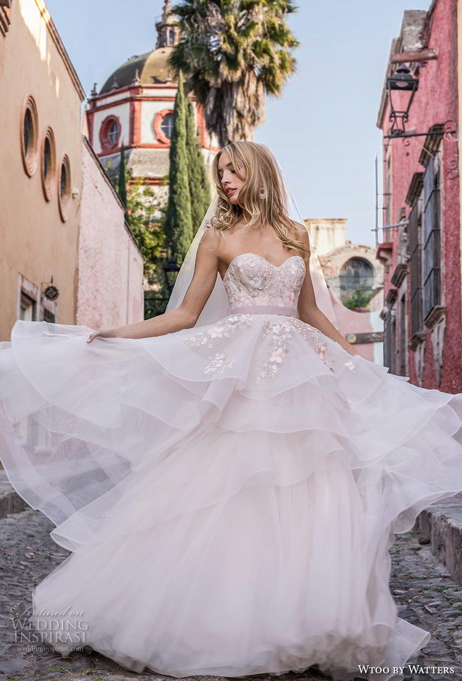 wtoo by watters fall 2018 bridal strapless sweetheart neckline heavily embellished bodice layered skirt romantic a  line wedding dress mid back chapel train (1) mv