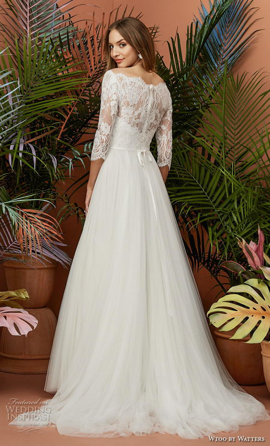 wtoo by watters fall 2018 bridal three quarter sleeves off the shoulder heavily embellished bodice tulle skirt elegant soft a  line wedding dress lace back short train (3) bv
