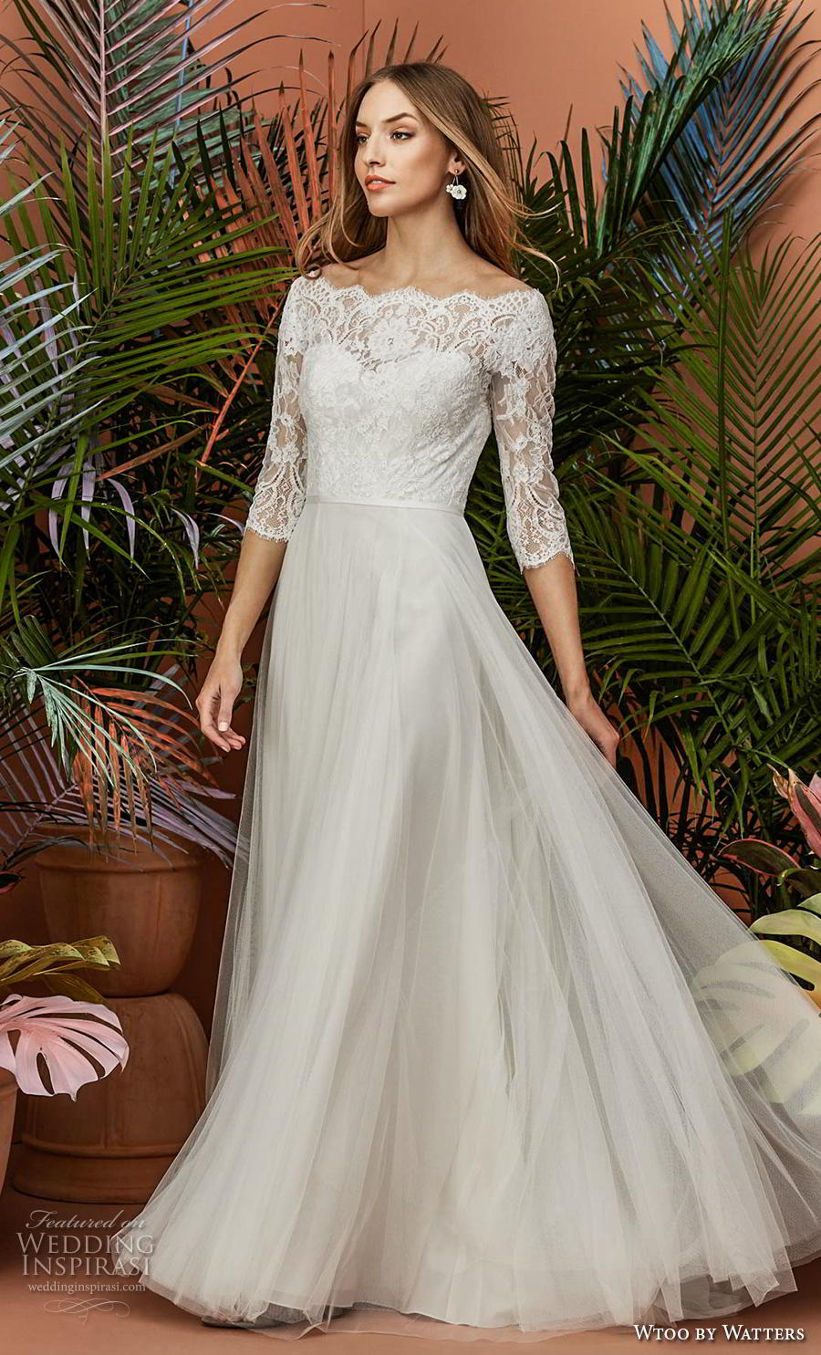 wtoo by watters fall 2018 bridal three quarter sleeves off the shoulder heavily embellished bodice tulle skirt elegant soft a  line wedding dress lace back short train (3) mv
