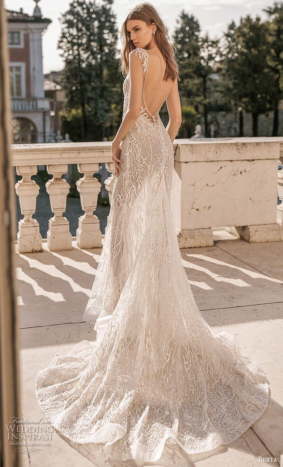 berta 2019 privee bridal cap sleeves deep v neck full embellishment sexy glamorous modified a  line wedding dress low open back backless chapel train (7) bv