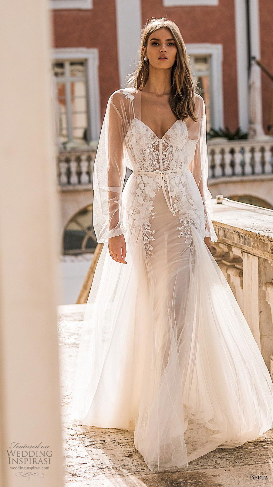 berta 2019 privee bridal long sheer sleeves spaghetti strap sweetheart neckline heavily embellished bodice bustier romantic a  line wedding dress backless medium train (1) mv