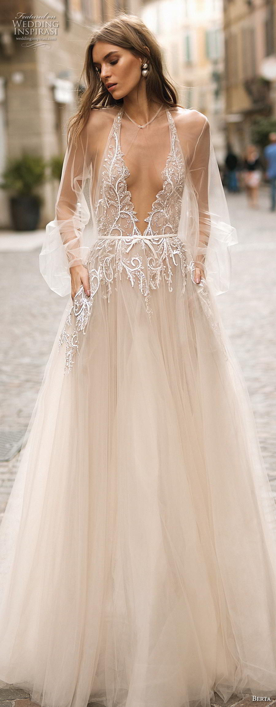 berta 2019 privee bridal sleeveless halter deep v neck heavily embellished bodice glitzy glamorous champagne a line wedding dress pockets backless sweep train (6) lv berta 2019 privee bridal sleeveless halter deep v neck heavily embellished bodice glitzy glamorous champagne a line wedding dress pockets backless sweep train (6) lv