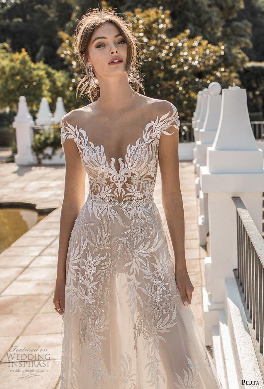 berta fall 2019 muse bridal cal sleeves illusion bateau v neckline full embellishment elegant modified a  line wedding dress sheer button back chapel train (3) zv