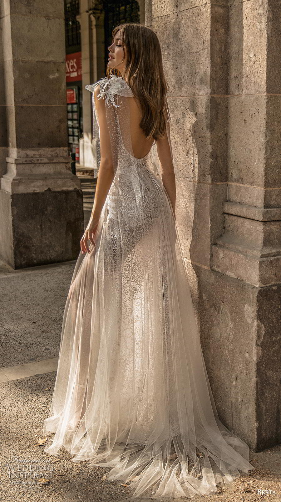 berta fall 2019 muse bridal cap sleeves spaghetti strap diamond neckline full embellishment slit skirt glamorous sexy soft a  line wedding dress backless sweep train (11) bv