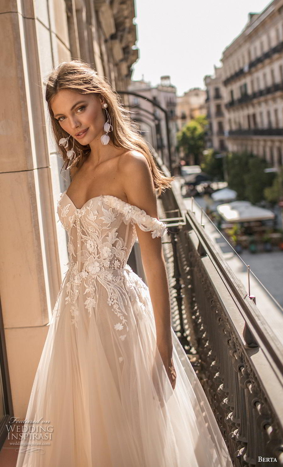 berta fall 2019 muse bridal off the shoulder sweetheart neckline heavily embellished bodice bustier tulle skirt romantic blush a  line wedding dress (5) zv