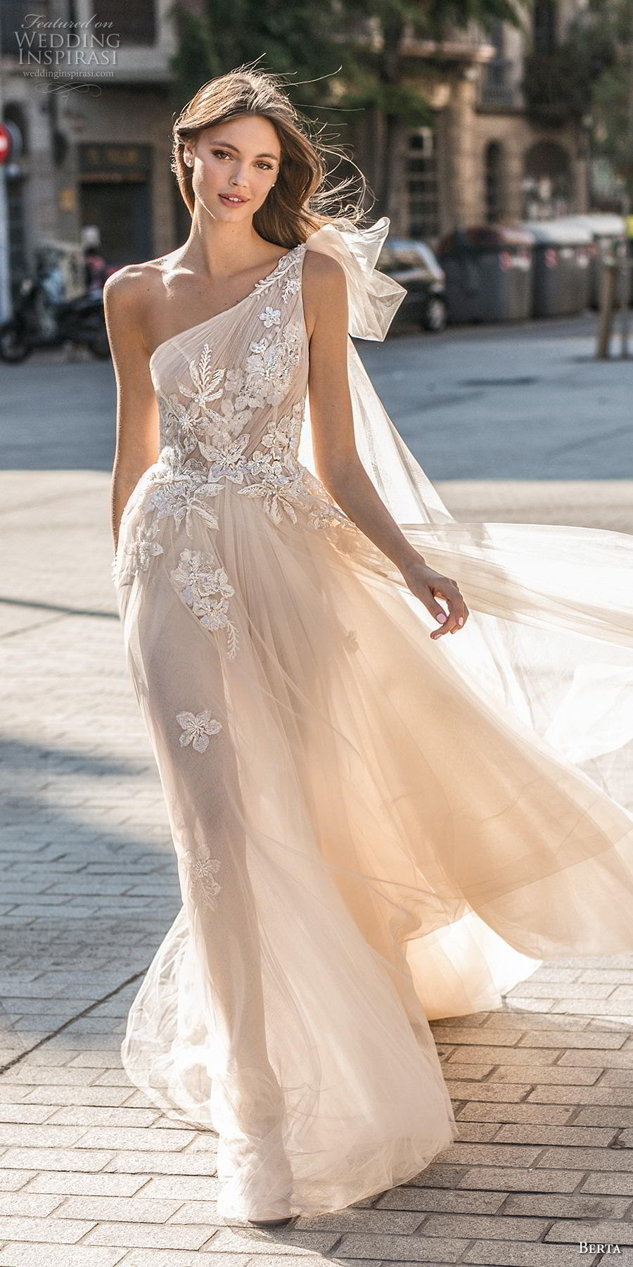 berta fall 2019 muse bridal one shoulder asymmetrical neckline heavily embellished bodice tulle skirt romantic blush soft a  line wedding dress backless chapel train (1) lv