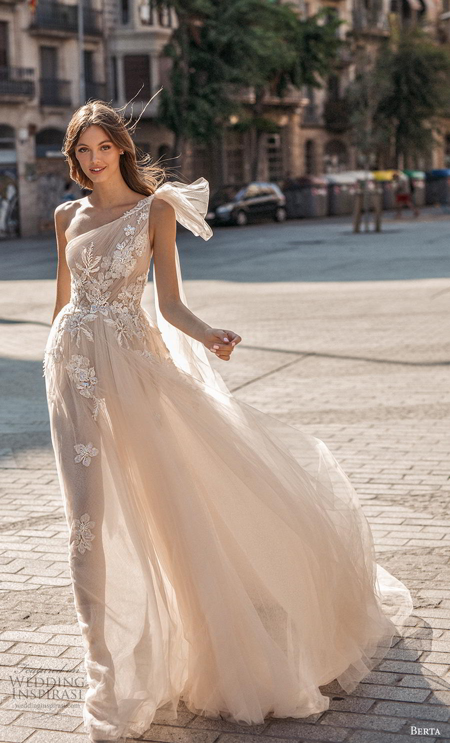 berta fall 2019 muse bridal one shoulder asymmetrical neckline heavily embellished bodice tulle skirt romantic blush soft a  line wedding dress backless chapel train (1) mv