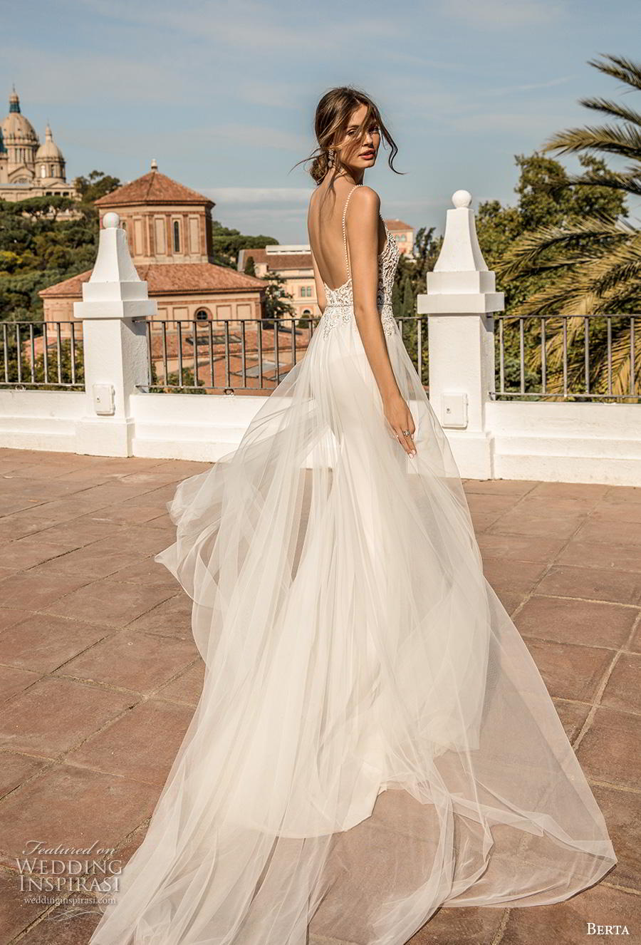 berta fall 2019 muse bridal spaghetti strap diamond neckline heavily embellished bodice sexy elegant sheath wedding dress a  line overskirt backless chapel train (10) bv