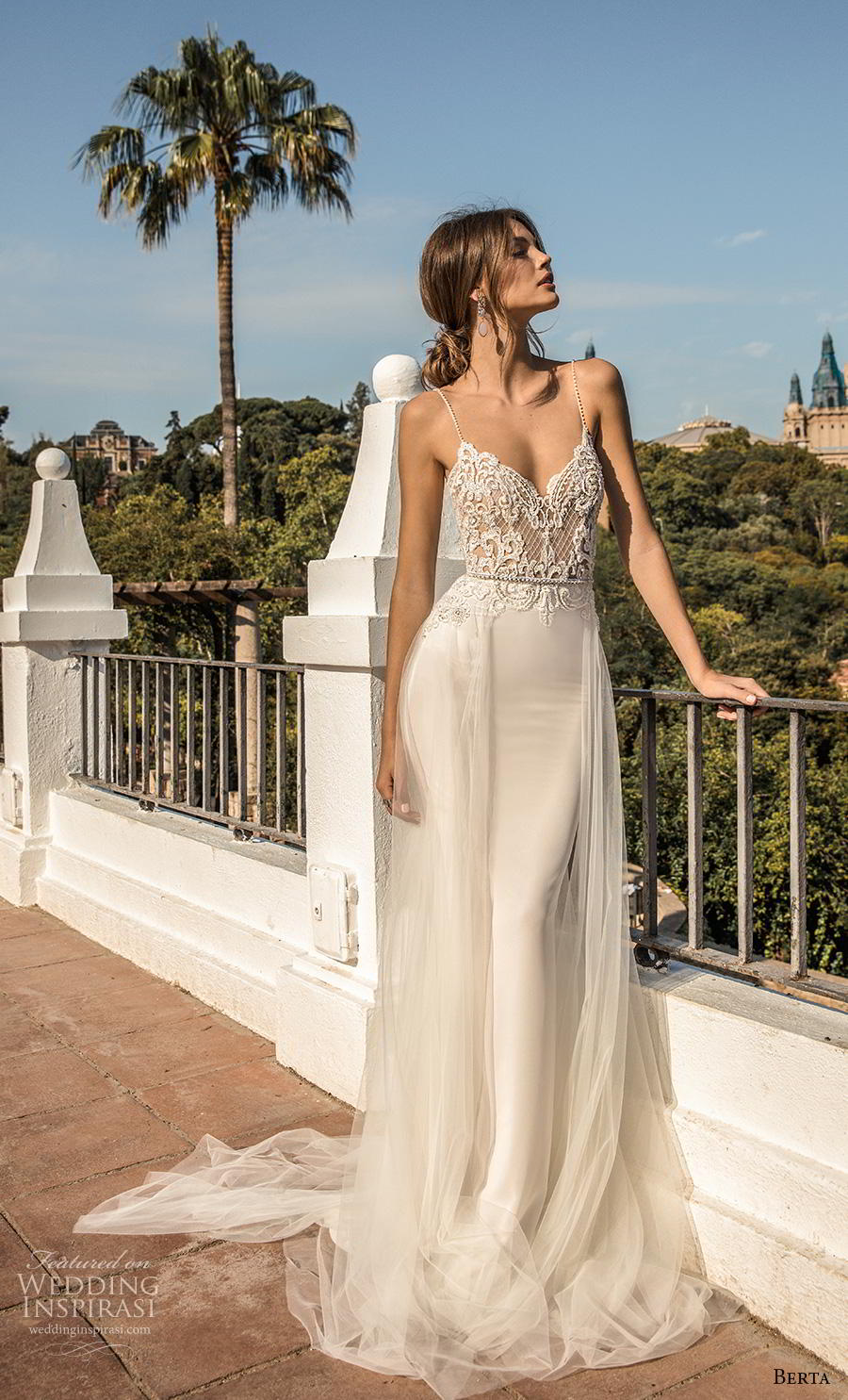 berta fall 2019 muse bridal spaghetti strap diamond neckline heavily embellished bodice sexy elegant sheath wedding dress a  line overskirt backless chapel train (10) mv