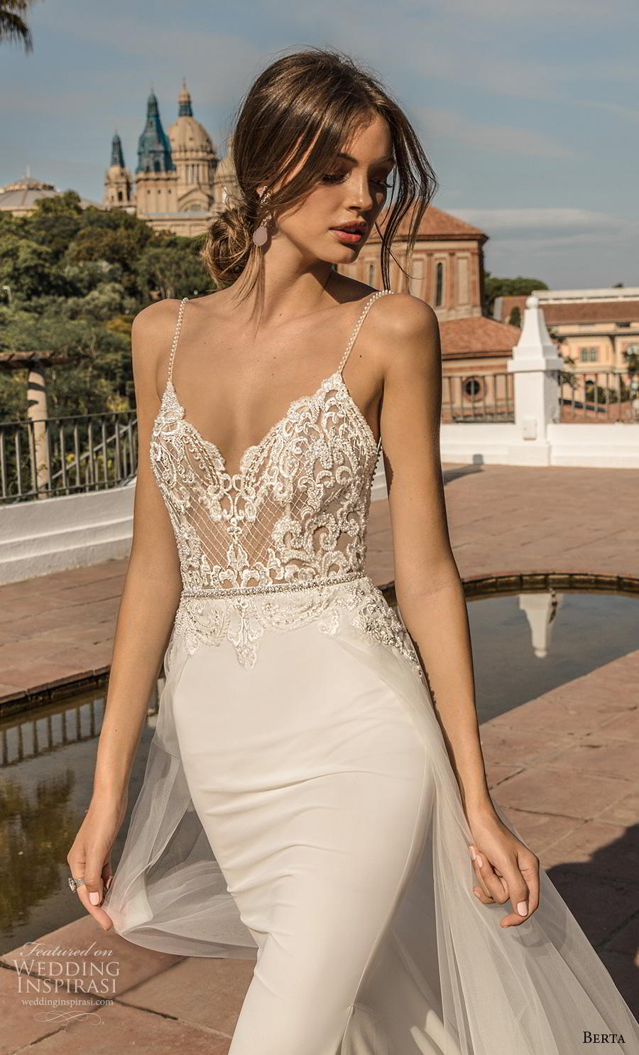 berta fall 2019 muse bridal spaghetti strap diamond neckline heavily embellished bodice sexy elegant sheath wedding dress a  line overskirt backless chapel train (10) zv