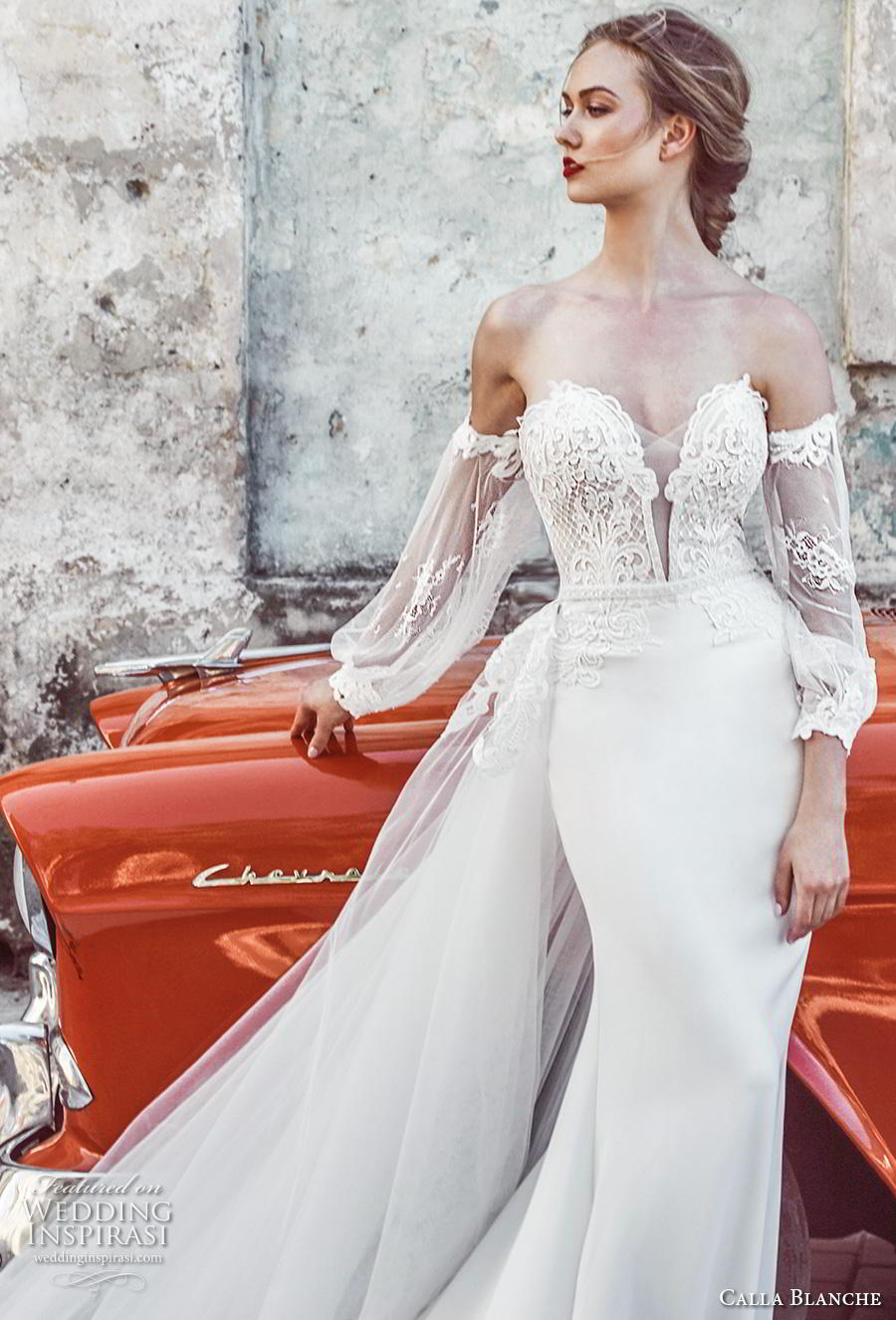 calla blanche fall 2018 bridal long bishop sleeves off shoulder deep plunging sweetheart neckline heavily embellished bodice elegant sheath wedding dress royal train (2) zv