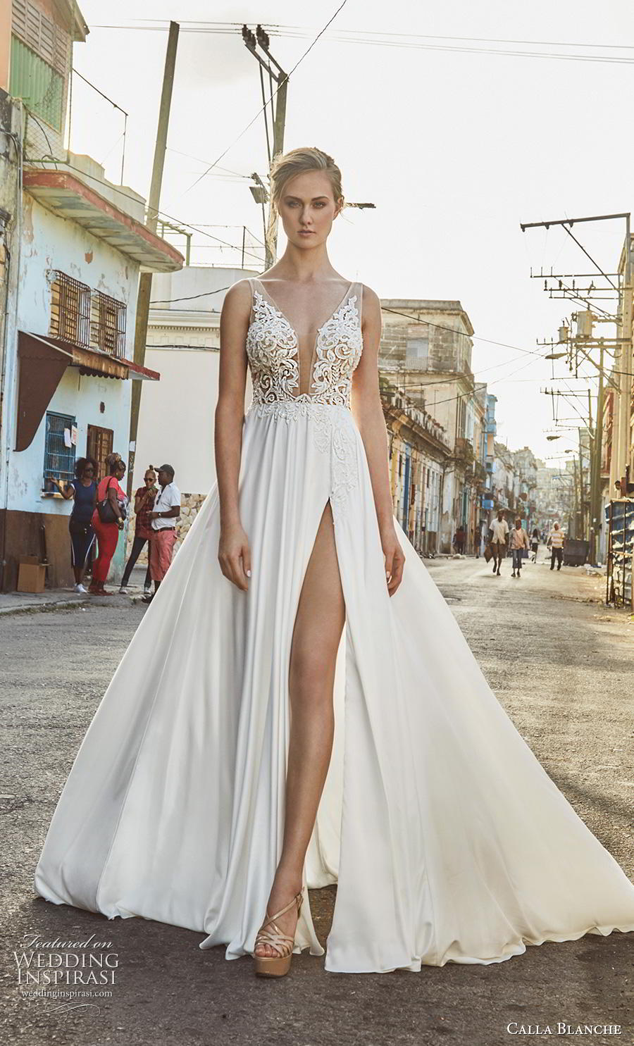 calla blanche fall 2018 bridal sleeveless deep plunging v neck heavily embellished bodice slit skirt sexy glamorous a  line wedding dress backless v back chapel train (9) mv