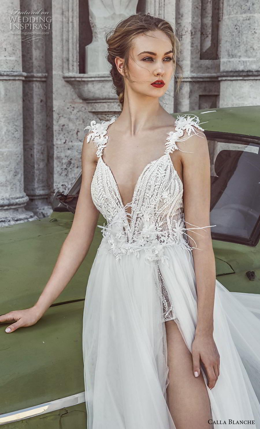 calla blanche fall 2018 bridal sleeveless feather strap deep v neckline heavily embellished bodice slit skirt romantic a  line wedding dress backless chapel train (3) zv